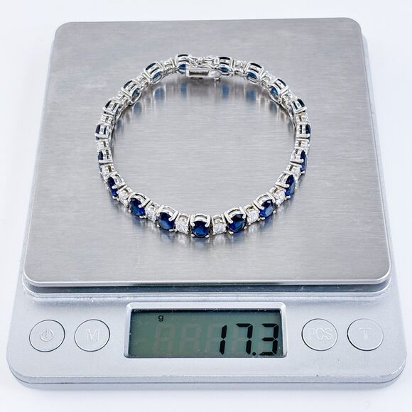 Vintage China Sterling Silver 925 Blue & Clear Cubic Zirconia Tennis Bracelet 7" - Picture 6 of 6